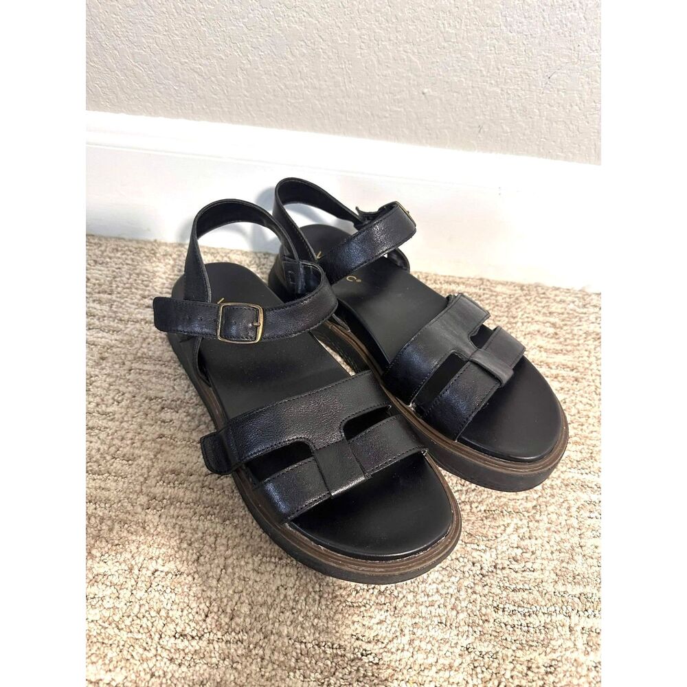 Vionic Solana Black Leather Lug Sole Sandals Size 10 Orthotic Platform Strappy